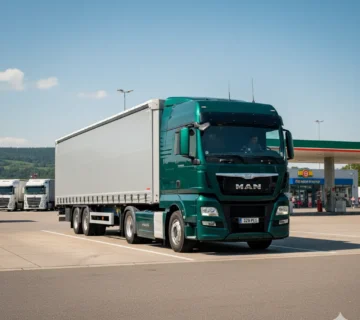 کشنده مان TGX 520 در پمپ بنزین با تریلی و تمرکز بر قدرت بالا