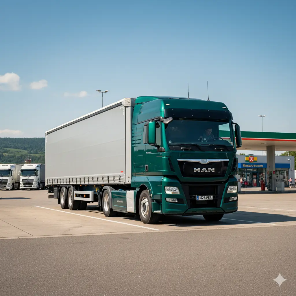 کشنده مان TGX 520 در پمپ بنزین با تریلی و تمرکز بر قدرت بالا