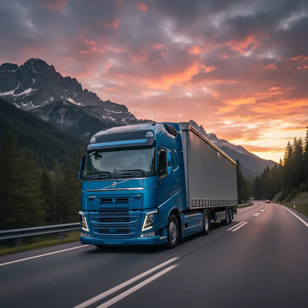 کشنده ولوو FH500 با تریلی در جاده و تمرکز بر قدرت بالا