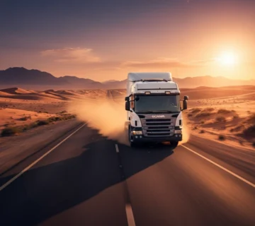 کشنده اسکانیا P310 با در حال عبور از جاده در بیابان