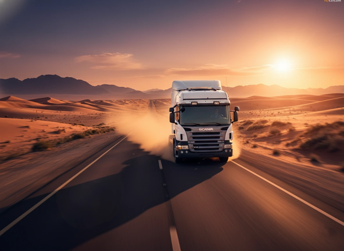 کشنده اسکانیا P310 با در حال عبور از جاده در بیابان
