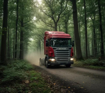 کشنده اسکانیا R420 با کابین سری R در حال عبور از وسط جنگل