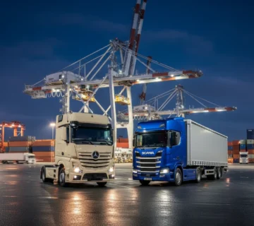 تصویر کشنده ی اسکانیاR500 و بنز آکتروس1851در کنار اسکله