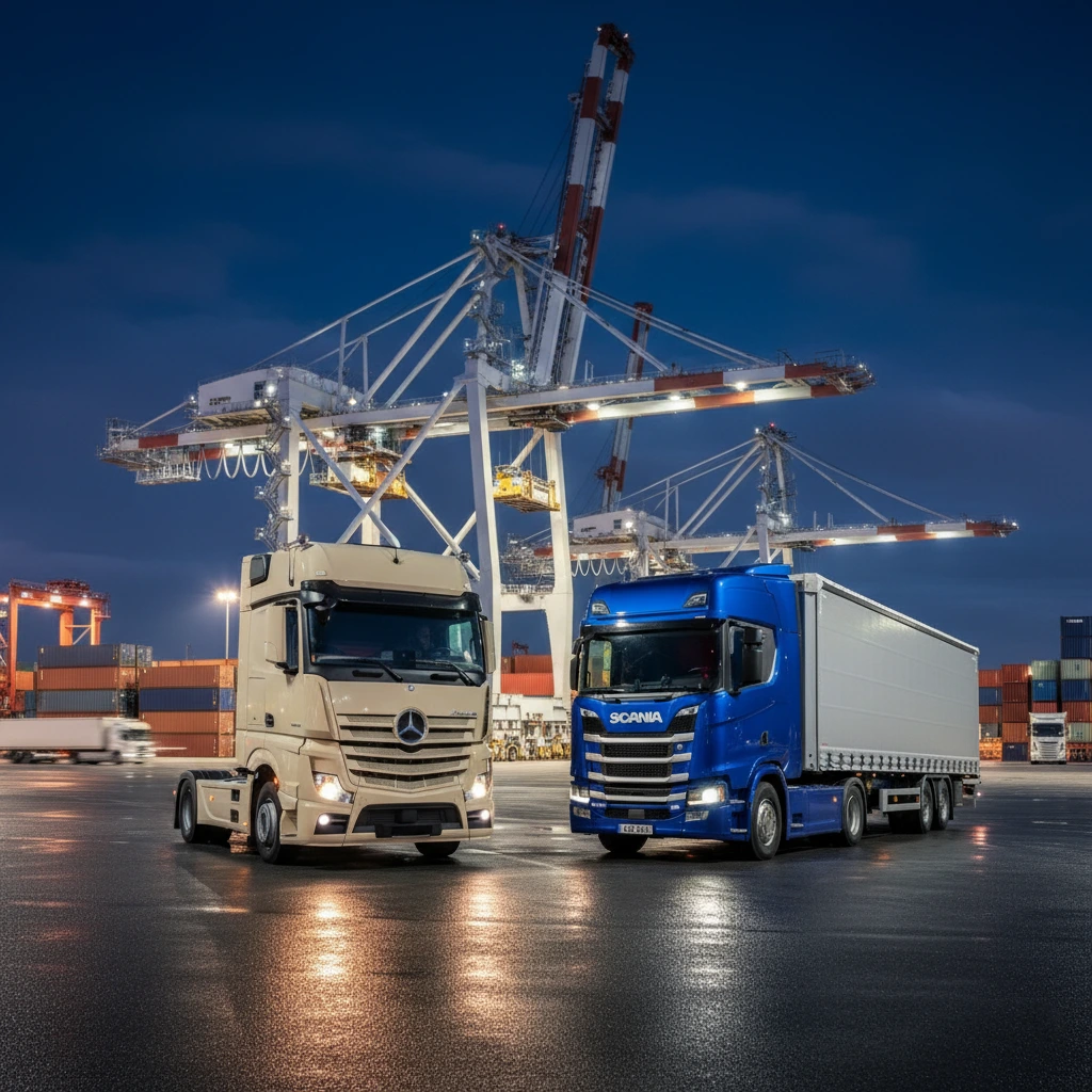 تصویر کشنده ی اسکانیاR500 و بنز آکتروس1851در کنار اسکله