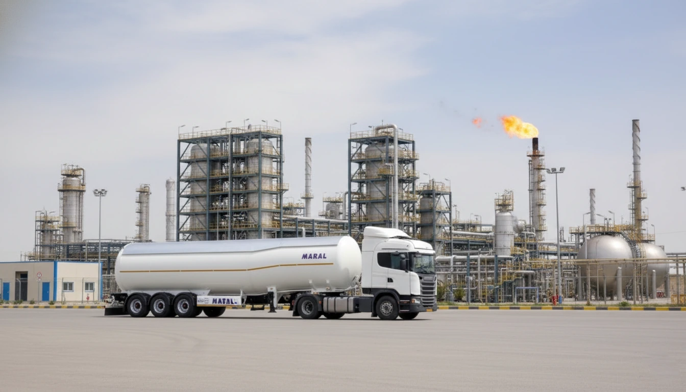 تصویر تریلی تانکر LPG گردن قویی مارال، با بدنه فولادی مخصوص تحت فشار و سیستم برق ضد جرقه ADR.