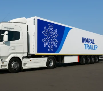 تصویر تریلی یخچالی سه محور مارال صنعت با دیواره ساندویچ پانل یکپارچه، آماده برای حمل و نقل در شرایط کنترل شده.