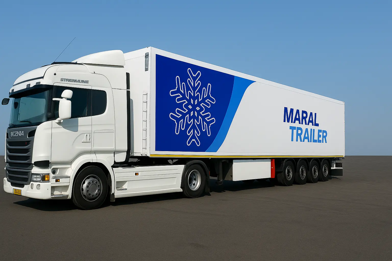 تصویر تریلی یخچالی سه محور مارال صنعت با دیواره ساندویچ پانل یکپارچه، آماده برای حمل و نقل در شرایط کنترل شده.