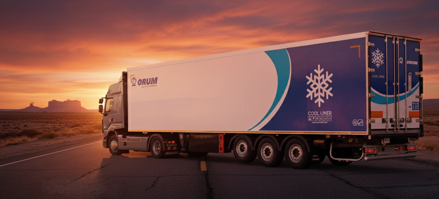 تصویر تریلی یخچالی اروم تریلر مجهز به پانل‌های یک تکه آلمانی و ترمز EBS/RSP، دارای قلاب مهار کشتی و منبع آب ۶۰ لیتری.