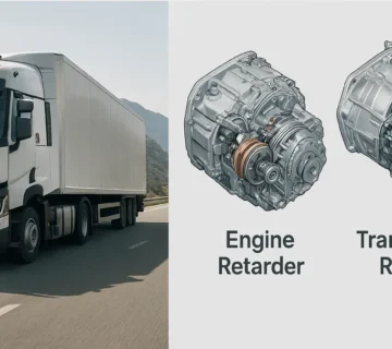 نمای شماتیک مقایسه‌ای سیستم ترمز موتور (که بر روی سرسیلندر نصب می‌شود) با ریتاردر گیربکس (که با جعبه دنده یکپارچه است) در یک کامیون سنگین.