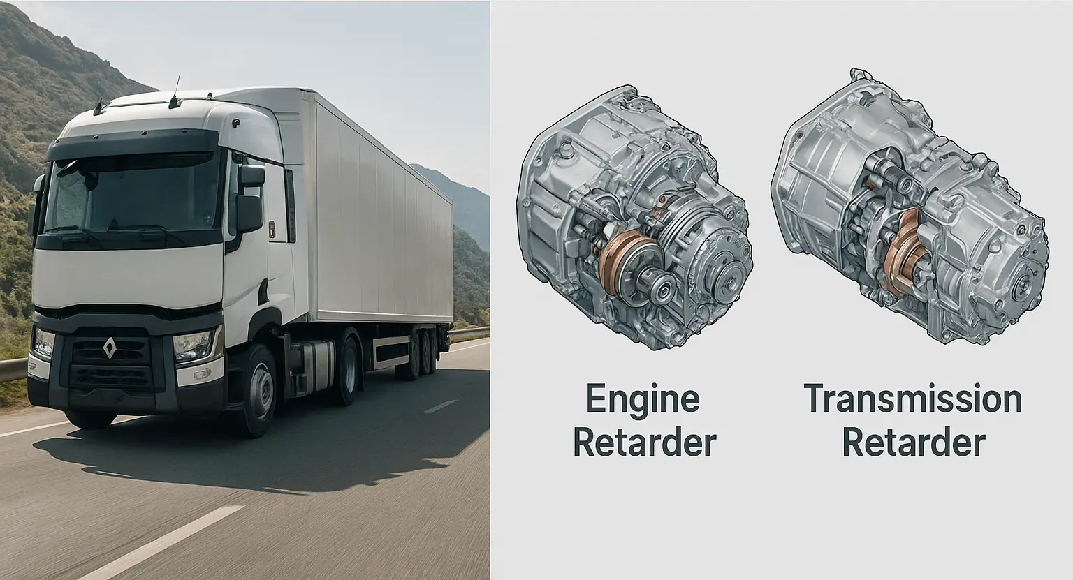 نمای شماتیک مقایسهای سیستم ترمز موتور (که بر روی سرسیلندر نصب میشود) با ریتاردر گیربکس (که با جعبه دنده یکپارچه است) در یک کامیون سنگین.