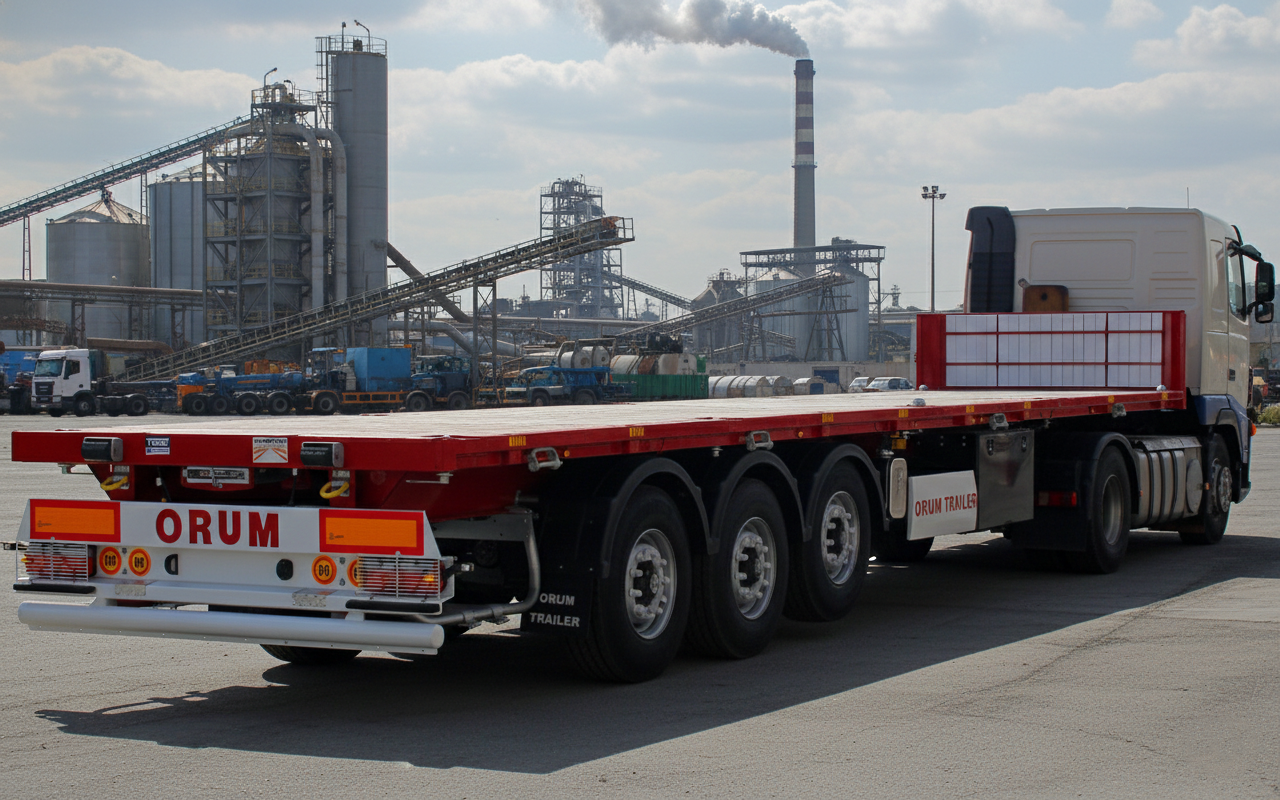 تصویر تریلر کفی اروم تریلر با کانتینر لاکهای نصب شده، آماده حمل کانتینر، مجهز به شاسی فولادی S500MC.