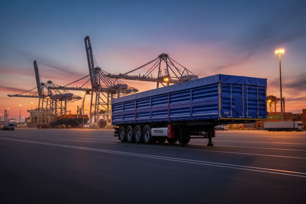 تصویر تریلی بغلدار فیلپا با دیوارهها و دربهای بلند، نشان دهنده ساختار مناسب برای کمپرسی و حمل فله.