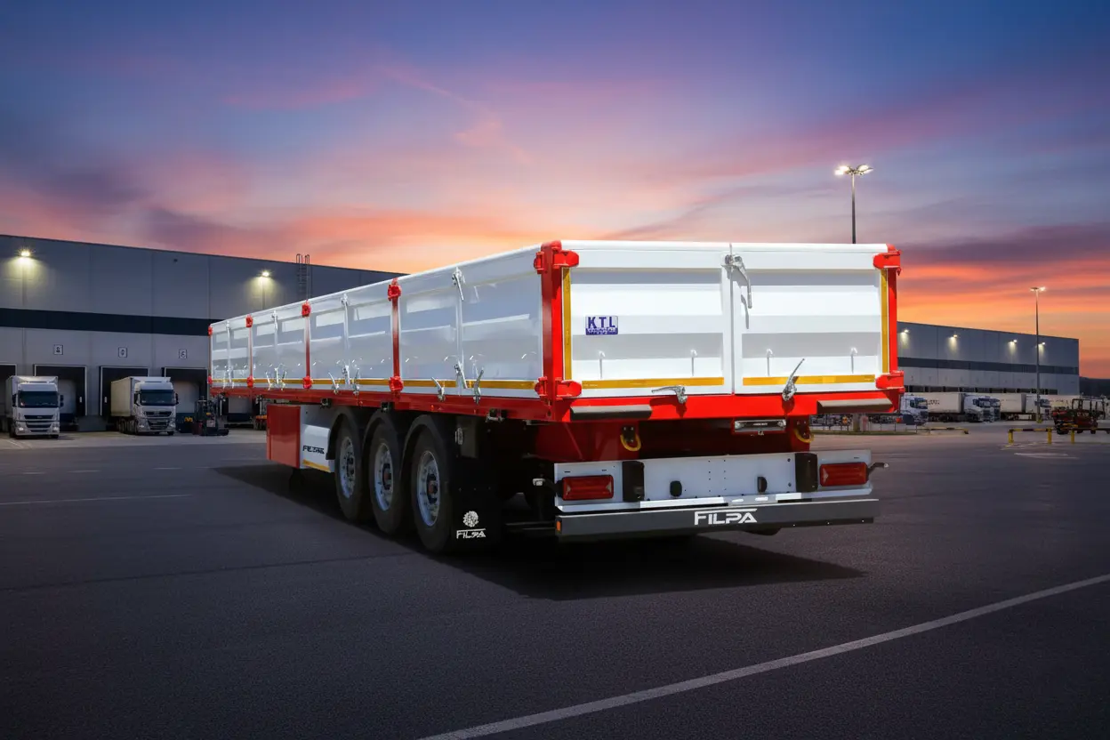 تصویر تریلی بغلدار فیلپا با دیواره‌های باز شده و آماده برای بارگیری جانبی پالتی.