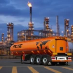 تصویر مقطعی تریلر تانکر، نشان دهنده محفظه‌های داخلی و سیستم‌های تخلیه پنوماتیک.