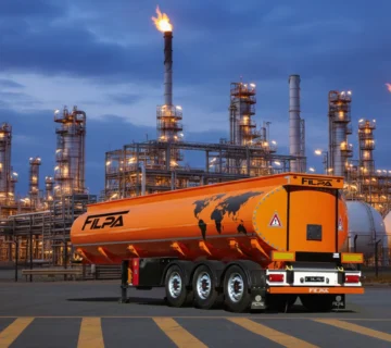 تصویر مقطعی تریلر تانکر، نشان دهنده محفظه‌های داخلی و سیستم‌های تخلیه پنوماتیک.