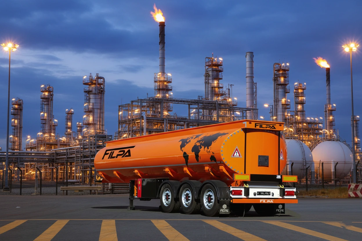 تصویر مقطعی تریلر تانکر، نشان دهنده محفظههای داخلی و سیستمهای تخلیه پنوماتیک.