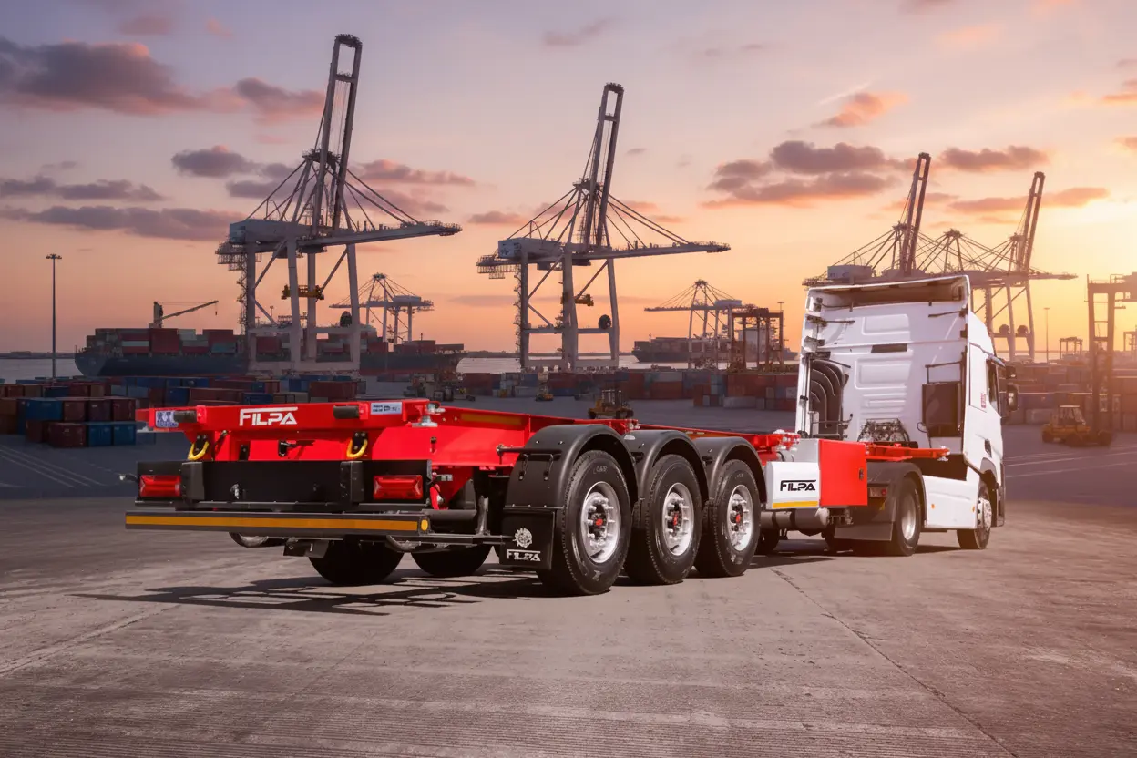 تصویر تریلر کانتینر بر ۳ محور فیلپا، با قفلهای کانتینر لاک و شاسی تقویت شده فولادی.