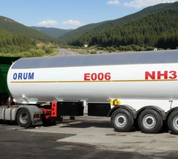 تصویر تریلر تانکر حمل آمونیاک مایع، با مخزن استوانه‌ای فشار بالا، شاسی S500MC و سیستم مهار.
