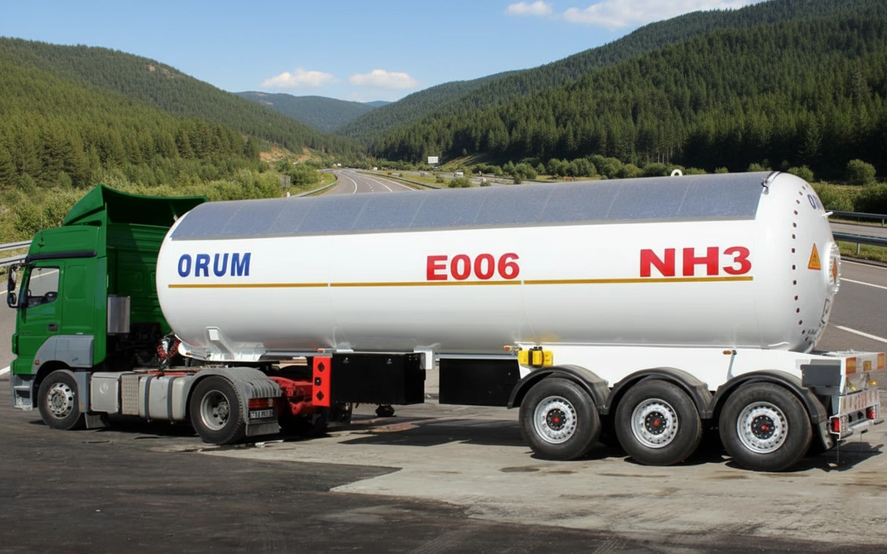 تصویر تریلر تانکر حمل آمونیاک مایع، با مخزن استوانه‌ای فشار بالا، شاسی S500MC و سیستم مهار.