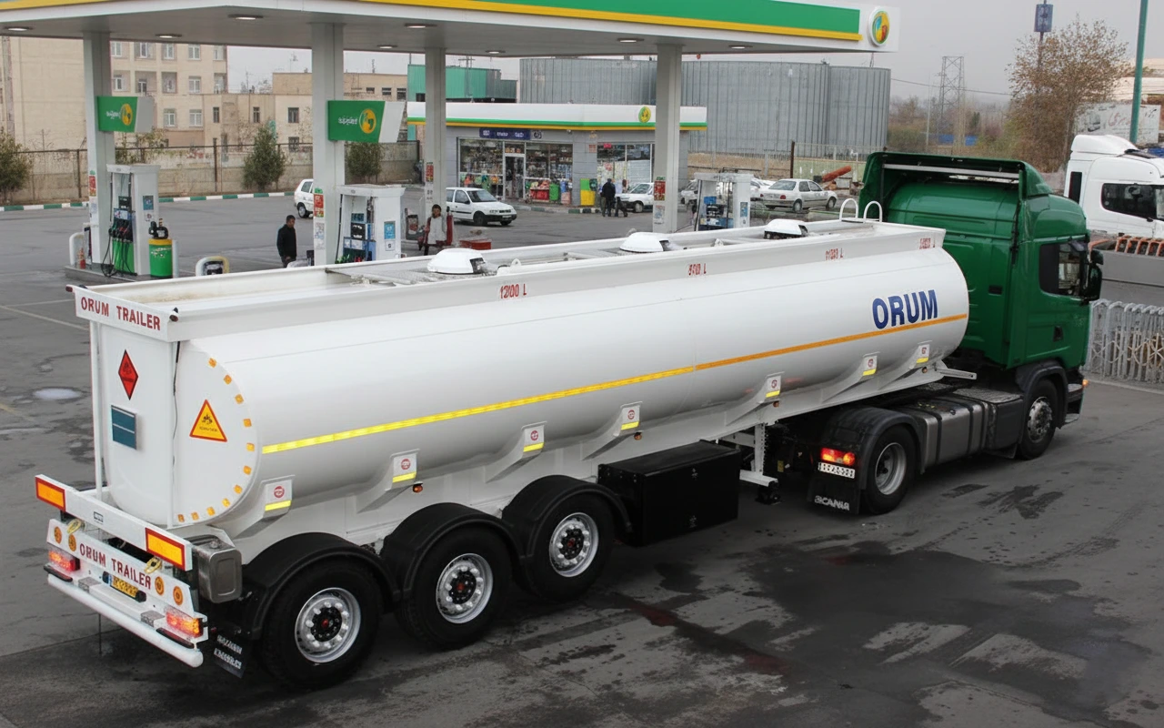 تصویر تریلر تانکر حمل سوخت چهار ماده اروم تریلر، با راهروی آلومینیومی ضد سرخوردن و بدنه فولادی چند محفظه‌ای.