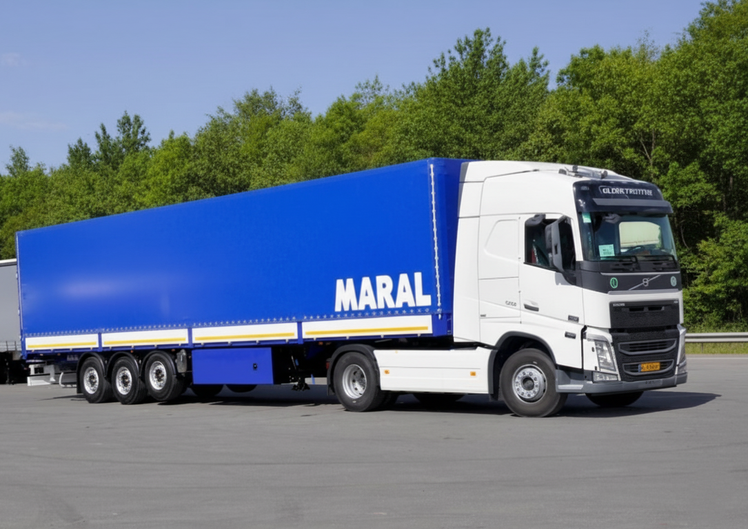 تصویر تریلی چادری سه محور مارال صنعت، با سقف کشویی کاملاً باز و دیواره‌های جمع‌شده،