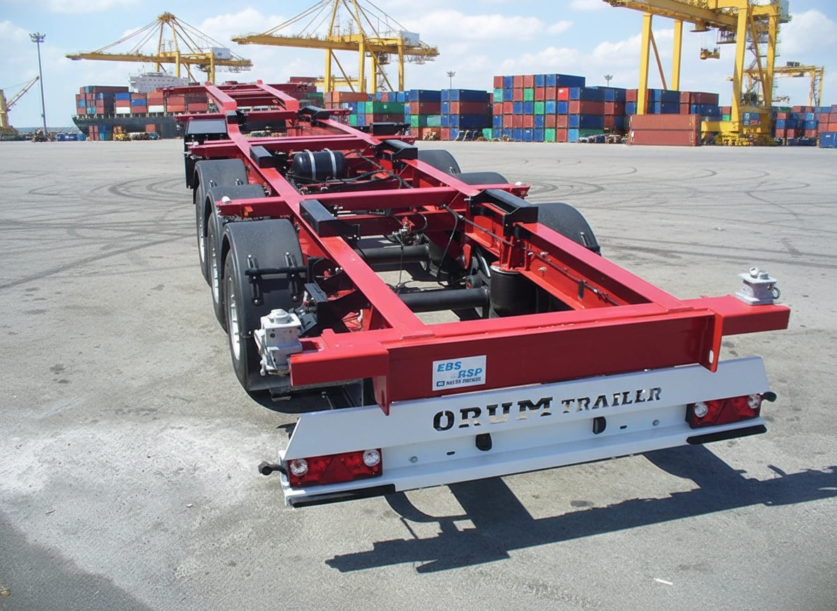 تصویر تریلر کانتینربر تیغهای اروم تریلر، با قفلهای کانتینر لاک، دارای قابلیت حمل کانتینر و مخازن، مجهز به شاسی فولادی S500MC.