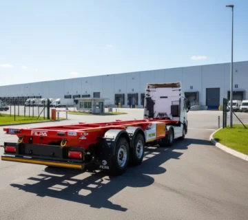 تصویر تریلر کانتینر بر سه محور فیلپا، نشان دهنده طراحی سبک شاسی برای حمل کانتینر ۲۰ فوت.