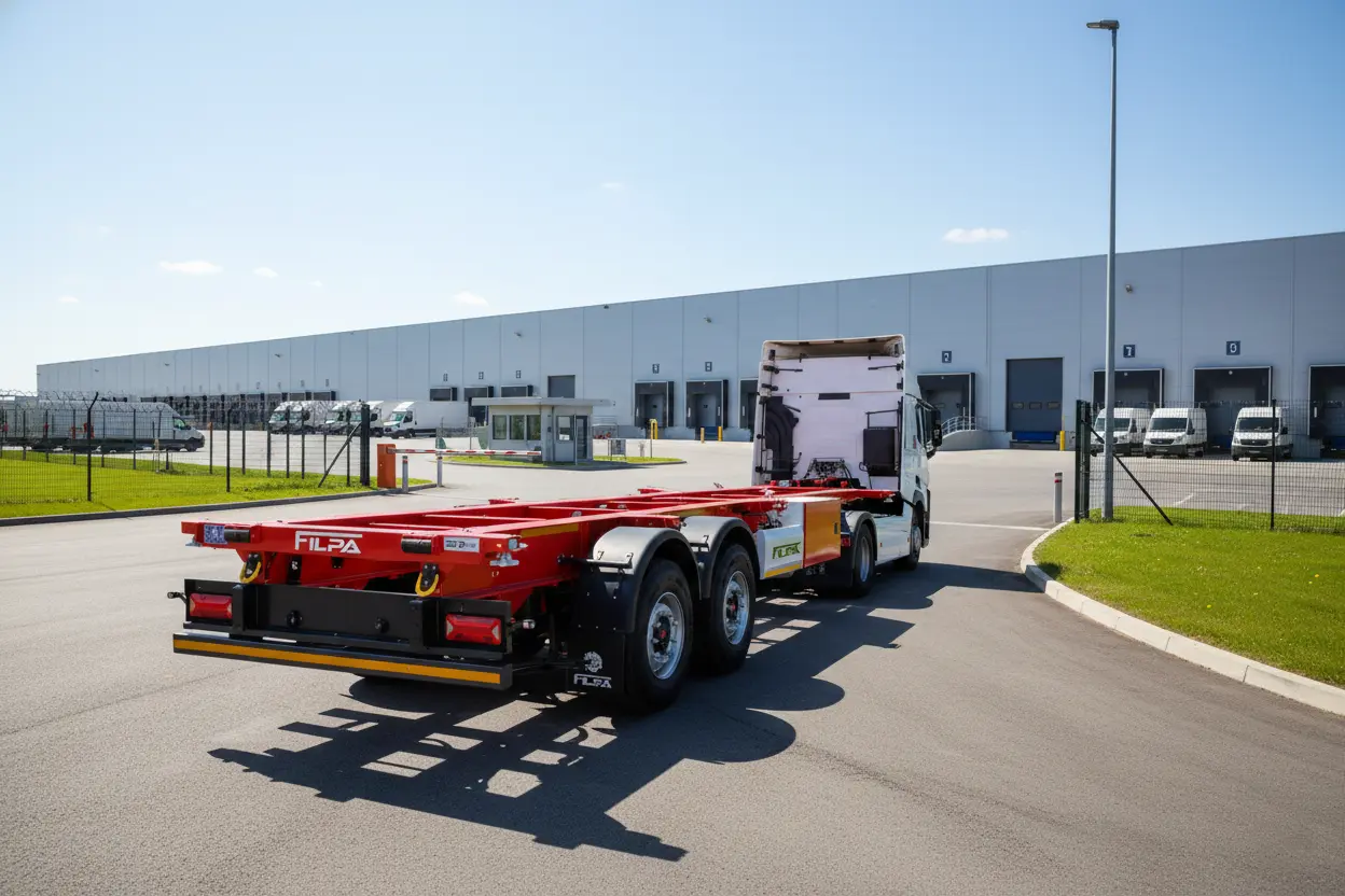 تصویر تریلر کانتینر بر سه محور فیلپا، نشان دهنده طراحی سبک شاسی برای حمل کانتینر ۲۰ فوت.