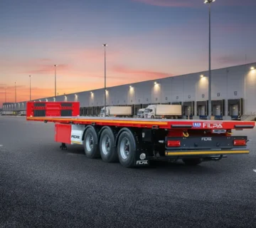 تصویر تریلر کفی سه محور فیلپا، نشان دهنده سطح صاف کف چوبی و نقاط مهار بار.