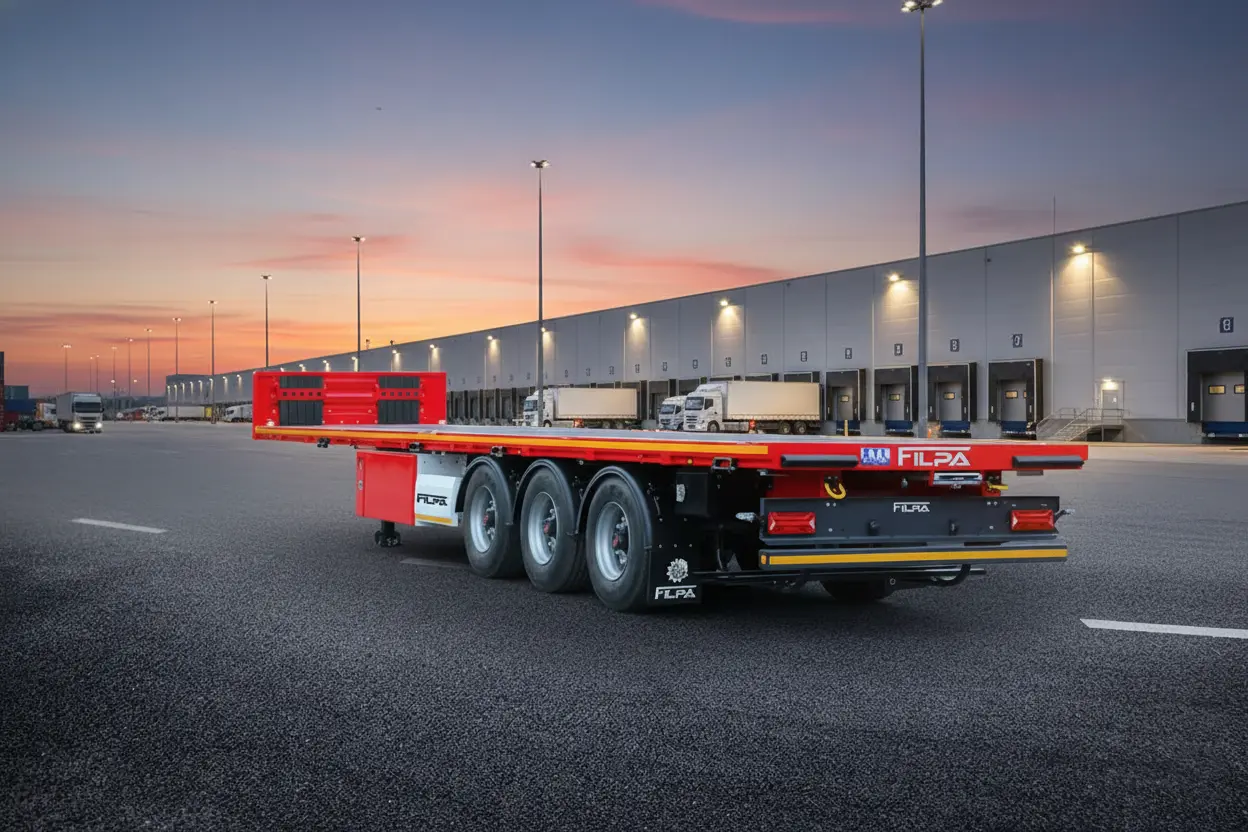 تصویر تریلر کفی سه محور فیلپا، نشان دهنده سطح صاف کف چوبی و نقاط مهار بار.