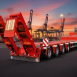 (1734-Filpa-4Axle-Lowbed-Heavy-Haul.jpg)` تصویر تریلی کمرشکن چهار محور فیلپا با رمپ‌های عقب باز شده، آماده برای بارگیری یک بیل مکانیکی سنگین.