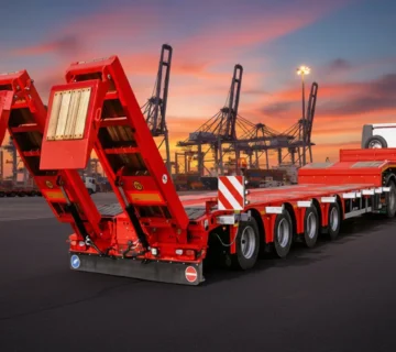 (1734-Filpa-4Axle-Lowbed-Heavy-Haul.jpg)` تصویر تریلی کمرشکن چهار محور فیلپا با رمپ‌های عقب باز شده، آماده برای بارگیری یک بیل مکانیکی سنگین.