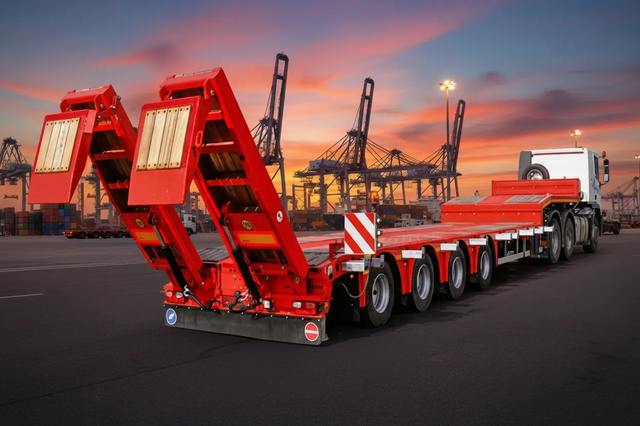 (1734-Filpa-4Axle-Lowbed-Heavy-Haul.jpg)` تصویر تریلی کمرشکن چهار محور فیلپا با رمپ‌های عقب باز شده، آماده برای بارگیری یک بیل مکانیکی سنگین.