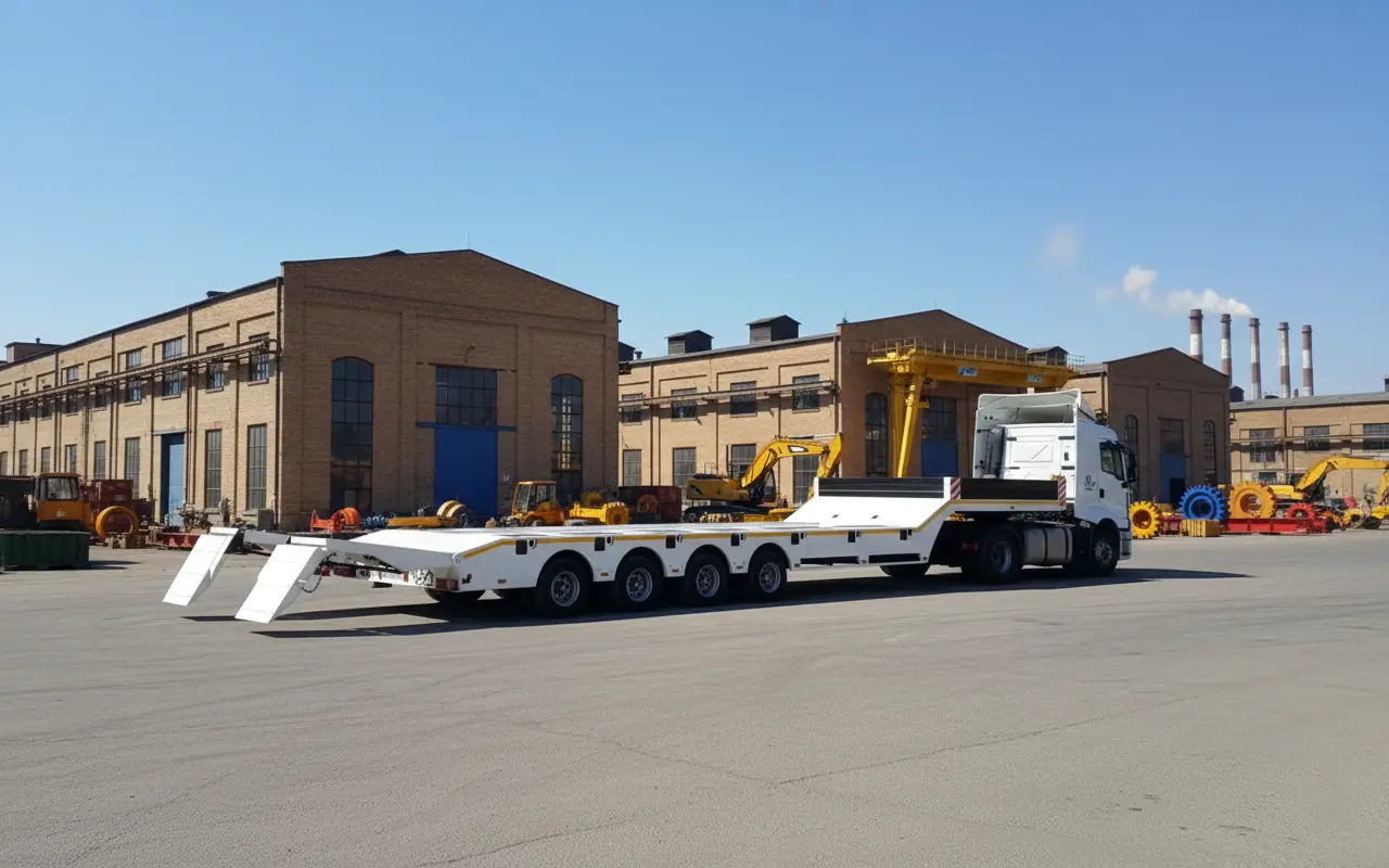 تصویر تریلر کمرشکن ۴ محور جفت تایر اروم تریلر، با رمپ‌های عقب هیدرولیک