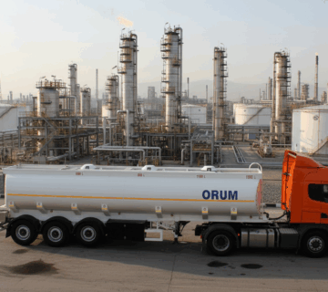 تصویر تریلر تانکر حمل گاز مایع LPG اروم تریلر، با بدنه استوانه‌ای فشار بالا، شاسی S500MC و تجهیزات ایمنی.