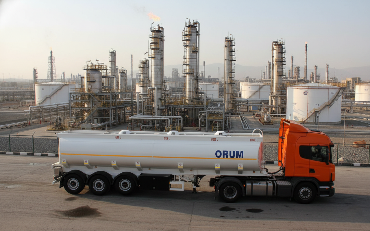 تصویر تریلر تانکر حمل گاز مایع LPG اروم تریلر، با بدنه استوانهای فشار بالا، شاسی S500MC و تجهیزات ایمنی.