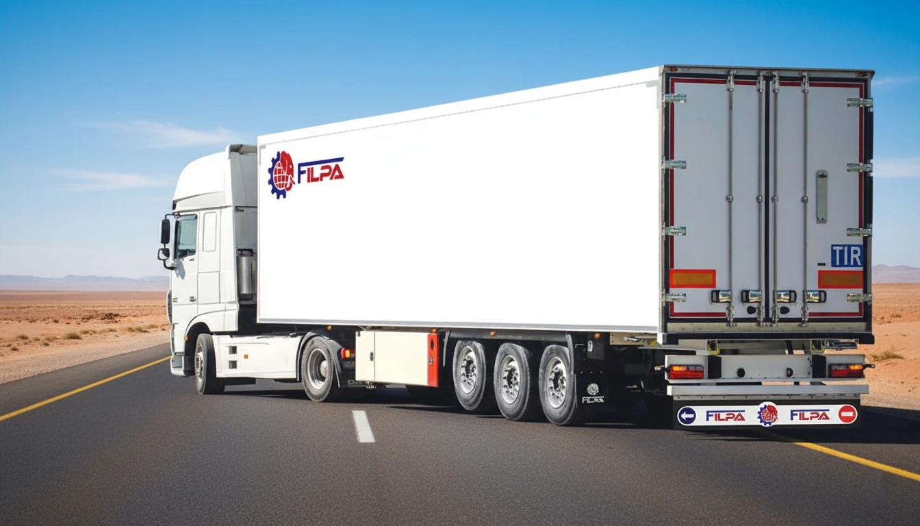 تصویر تریلر یخچالی سه محور فیلپا، با بدنه سفید یکپارچه، عایق ساندویچ پانل و درب عقب فولاد ضد زنگ.